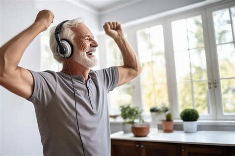 Premium Photo Cheerful Senior Man Listening To Music With Headphones