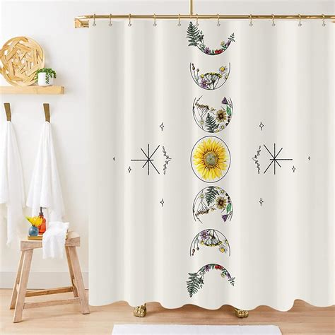 Moon Phase Shower Curtain Moonlit Boho Floral Sunflower Plant Mystic