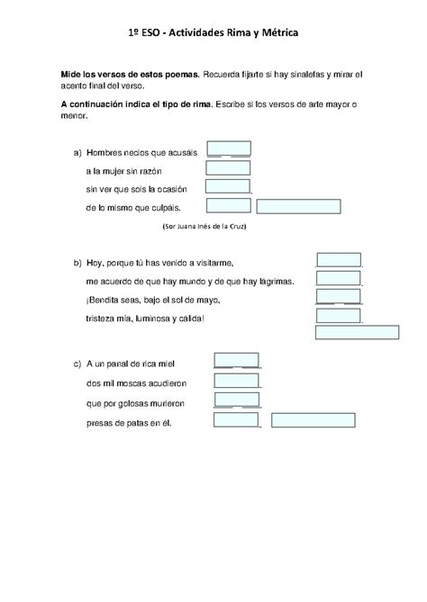 Actividades rima y medida Escr 0 1º ESO Actividades Rima y Métrica