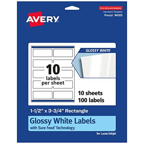 AVERY GLOSSY WHITE RECTANGLE LABELS WITH SURE FEED 1 5 X 3 75 100