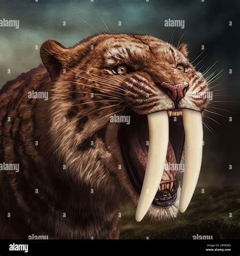 Close Up Of Saber Toothed Tiger Head Isolated Smilodon A Prehistoric Mammal And Big Cat