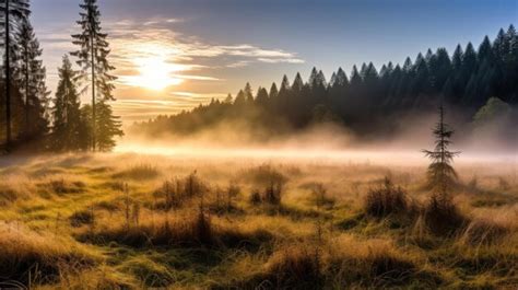 Premium Photo | Foggy forest at sunrise