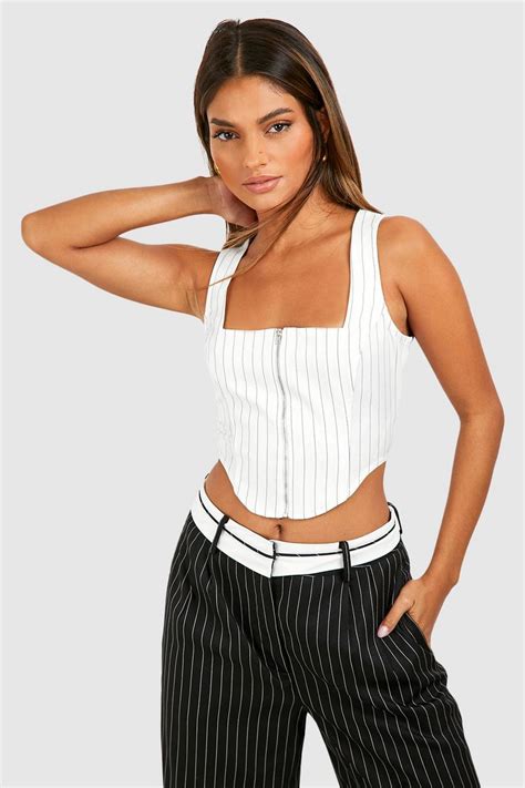 White Stripe Zip Front Corset Top Boohoo Uk