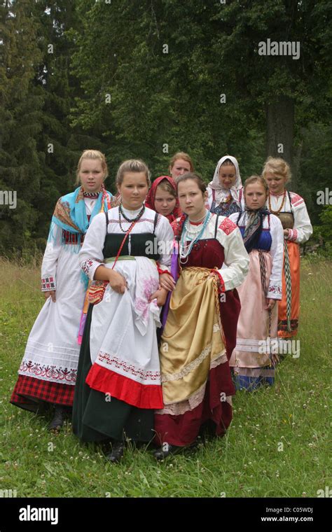 Girls In A Russian Folk Dress At Folklore Festival In Pskov Region