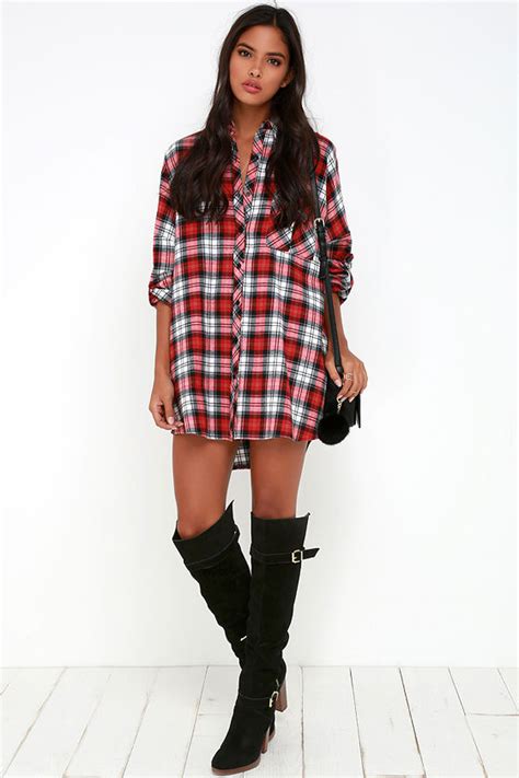 Cute Flannel Dress Red Plaid Dress Shirt Dress Long Sleeve Dress 5200 Lulus