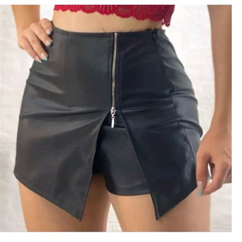 Short Saia Couro Fake Ecol Gico Preto Ziper Feminino Shopee Brasil