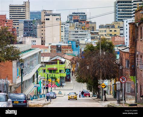 A Taxi Drives Up The Hill In La Candelaria Bogota Colombia Stock