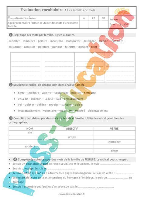 Evaluation Cont Le Et Bilan De Vocabulaire Cm Les Familles De Mots