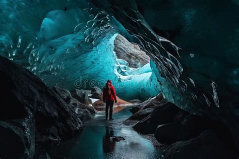 Ice Cave Landscape with a Man Standing in the Ice Cave. AI Generated ...