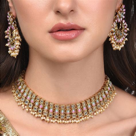 Buy Zaveri Pearls Pink Green Stones Studded Traditional Necklace