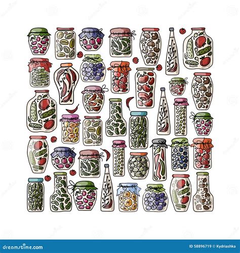 Set Of Pickle Jars With Fruits And Vegetables Stock Vector Illustration Of Berry Design 58896719