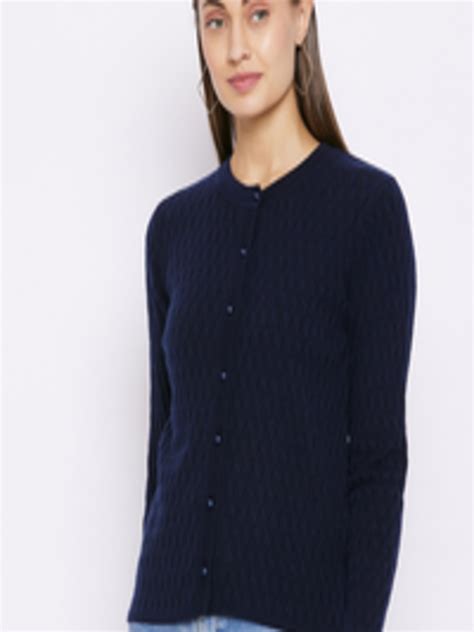 Buy Madame Women Navy Blue Ribbed Cardigan Sweaters For Women