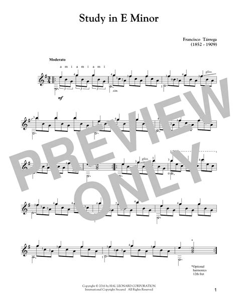 Study In E Minor Sheet Music Francisco Tarrega Solo Guitar