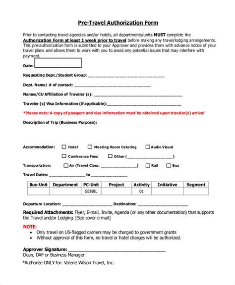 Free Sample Travel Authorization Forms In Pdf Ms Word Excel