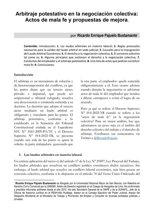 Arbitraje potestativo en la negociación colectiva: Actos de mala fe y