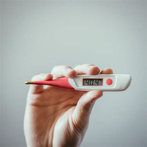 Man Holds A Red Fever Thermometer With High Temperature In His Hand