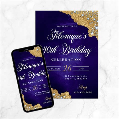 Purple And Gold Diamond Invite Purple Gold Birthday Elegant Invitation Adult Birthday Party