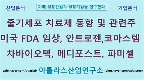 줄기세포 치료제 동향 및 관련주 파미셀메디포스트코아스템차바이오텍안트로젠강스템바이오텍 아틀라스산업연구소 성장산업 연구