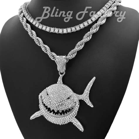 6ix9ine Large Shark Pendant And 24 Rope Chain And 18 1 Row Chain Hip Hop