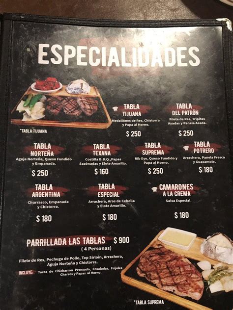 Menu at Las Tablas steakhouse, Tijuana