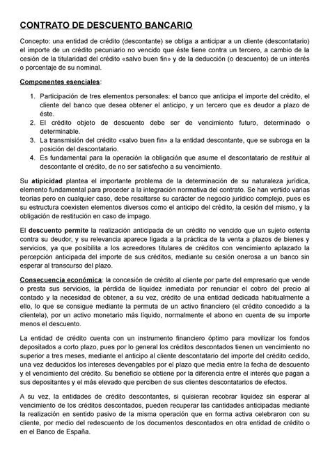 Contrato De Descuento Bancario Concepto y características CONTRATO