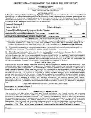 Fillable Online Cremation Authorization Form Desert Memorial Fax