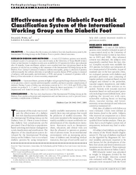 Pdf Effectiveness Of The Diabetic Foot Risk Classification System Of