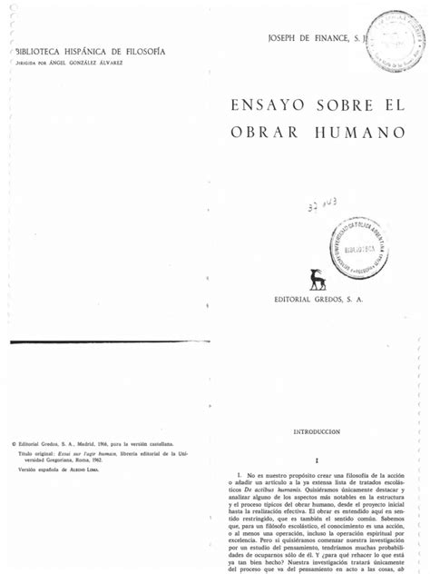 joseph de finance ensayo sobre el obrar humano  metafisica