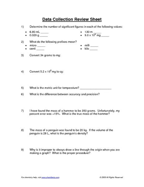 Data Collection Review Sheet Worksheet For 8th 12th Grade Lesson Planet