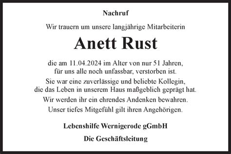 Traueranzeigen Von Anett Rust Abschied Nehmen De