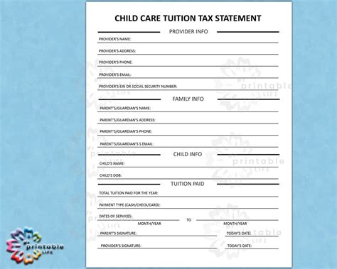 Child Care Tax Statement Form Daycare Or Childcare Printable Etsy