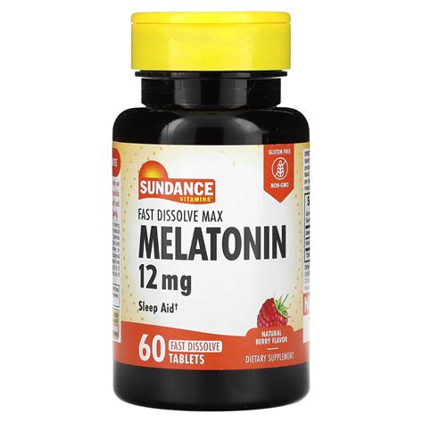 Sundance Vitamins Fast Dissolve Max Melatonin、天然ベリー味、12mg、タブレット60粒