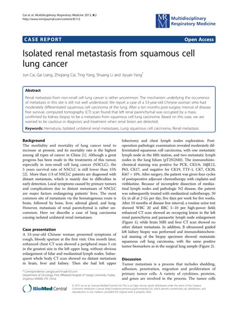 Pdf Isolated Renal Metastasis From Squamous Cell Lung Cancer