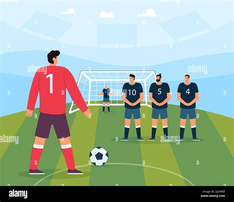 Penalty Kick Of Soccer Player On Field Of Stadium Male Goalkeeper And