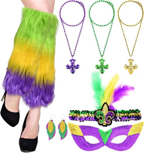 Vaipi 7 Pack Mardi Gras Outfit For Women Costume Accessory Set With Mardi Gras Leg