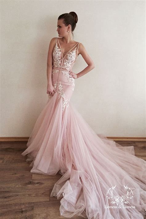 Pink Blush Lace Wedding Dress Mermaid Fluffy Removable Tulle Etsy