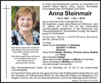 Traueranzeigen Von Anna Steinmair Trauer Bz