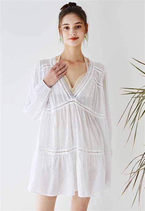 Lithe Plunging Cotton Tunic In White Retro Indie And Unique Fashion