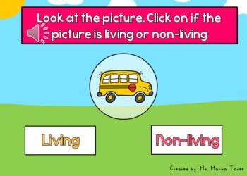 A Yellow Bus Driving Down A Road Next To The Words Living And Non Living