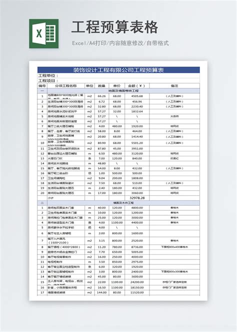 工程预算表格Excel模板图片 正版模板下载400159081 摄图网