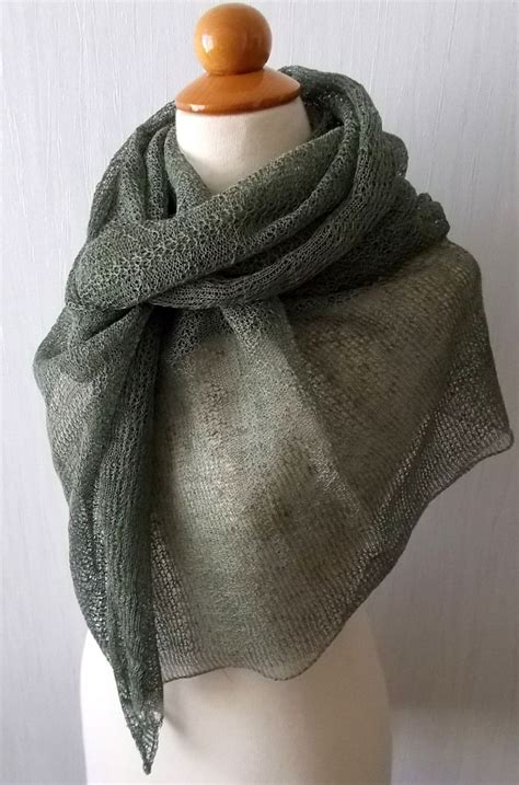 Linen Scarf Knit Shawl Natural Summer Wrap In Khaki Green Etsy