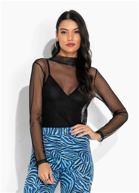 Blusa Preta De Tule Com Mangas Longas Moda Pop