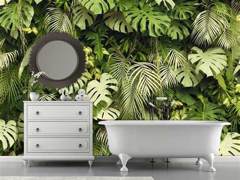 Green Botanical Wall Mural Tropical Leaves Wallpaper Dark Etsy