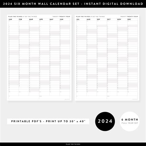 Printable Six Month 2024 Wall Calendar Set With Gray Weekends Instan Plan The Things