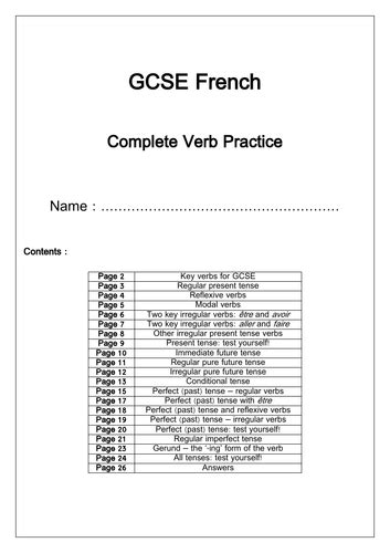 French Verbs Gcse Practice Booklet Teaching Resources