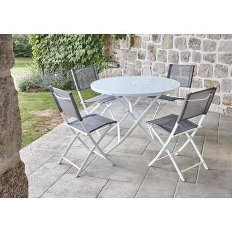 Ensemble De Jardin Table Ronde Blanche Chaises Pliantes Anthracites