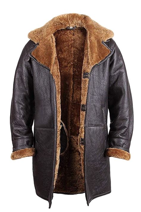 Brandslock Mens Real Shearling Sheepskin Leather Warm Duffle Trench