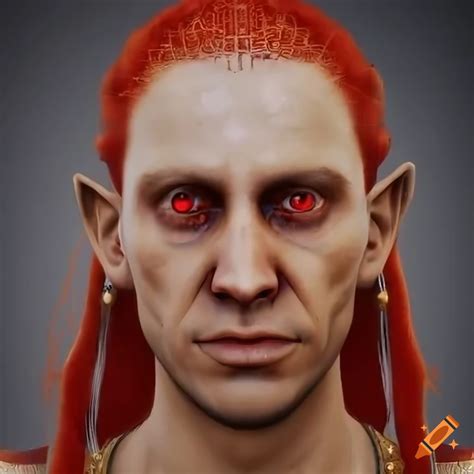 Portrait Of Pale Skinned Red Haired Elf Religious Man With Golden