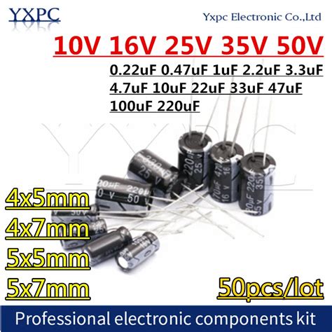 50pcs 10V 16V 25V 35V 50V Aluminum Electrolytic Capacitor 0 22uF 0 47uF