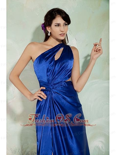 Sexy Royal Blue Column Prom Homecoming Dress One Shoulder Elastic Woven Satin Ruch Brush Train